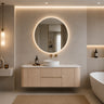 Ravello 1500mm curved timber wall hung vanity in Sandy Oak Woodmatt single bowl styled in a modern Australian bathroom - RJ Bathroom