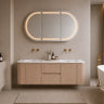 Ravello 1500mm curved timber wall hung vanity in Sandy Oak Woodmatt double bowl styled in a modern Australian bathroom - RJ Bathroom