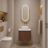 Ravello 600mm curved timber wall hung vanity in Walnut Mocha Oak styled in a modern Australian powder room - RJ Bathroom