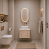 Ravello 600mm curved timber wall hung vanity in Sandy Oak Woodmatt styled in a modern Australian powder room - RJ Bathroom