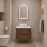 Ravello 750mm curved timber wall hung vanity in Walnut Mocha Oak styled in a modern Australian bathroom - RJ Bathroom