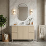 Scandinavia 1200mm Single Bowl Classic Oak Timber Freestanding Vanity with white basin top and oval mirror in a marble bathroom - RJ Bathroom