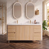 Scandinavia 1500mm Double Bowl Classic Oak Timber Freestanding Vanity with double white basin top and twin oval LED mirrors - RJ Bathroom