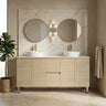 Scandinavia 1800mm Double Bowl Classic Oak Timber Freestanding Vanity with two above counter basins on a white stone top - RJ Bathroom