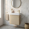 Scandinavia 440mm Classic Oak Timber Narrow Wall Hung Vanity with poly marble basin top and round mirror in a marble powder room - RJ Bathroom