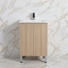 Scandinavia 600mm Classic Oak Timber Freestanding Vanity shown with a white ceramic basin top against marble wall tiles - RJ Bathroom