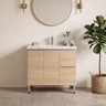 Scandinavia 900mm Classic Oak Timber Freestanding Vanity with marble-look stone top, brushed gold tapware and drawers on the right - RJ Bathroom