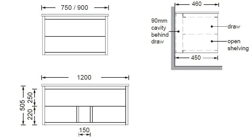 Timber Grain Oak All Drawer with Shelf 900mm Wall-hung Vanity