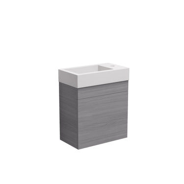 Grey oak timber-look 450mm slimline wall hung vanity with matte white solid surface top, angled view