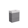 Grey oak timber-look 450mm slimline wall hung vanity with matte white solid surface top, angled view