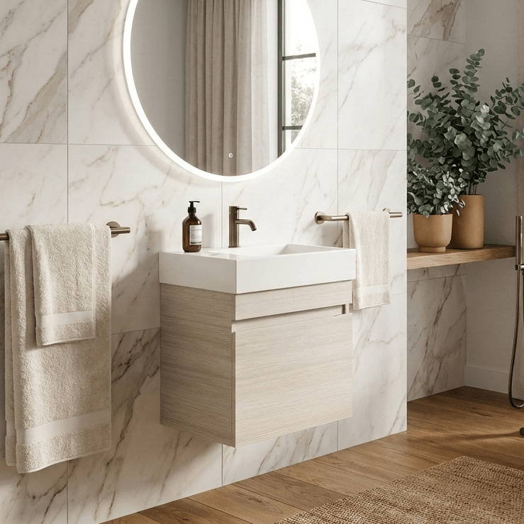 Timber 450mm Wall Hung Vanity | Coastal Oak | Slimline Ensuite | PVC Waterproof - RJ Bathroom