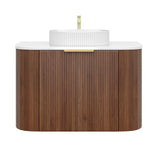 Timber Fluted Curved 900mm Vanity Walnut Artis - S Waterproof Wall Hung Carrara Stone top - RJ Bathroom