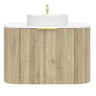 Timber Fluted Curved Vanity Classic Oak Artis - S 600mm Waterproof Wall Hung Carrara Stone Top - RJ Bathroom
