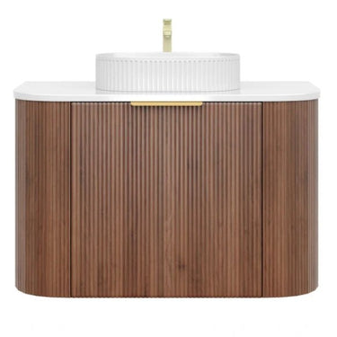 Timber Fluted Curved Vanity Prime Oak Artis - S 600mm Waterproof Wall Hung Calacatta Solid Surface Stone Top - RJ Bathroom