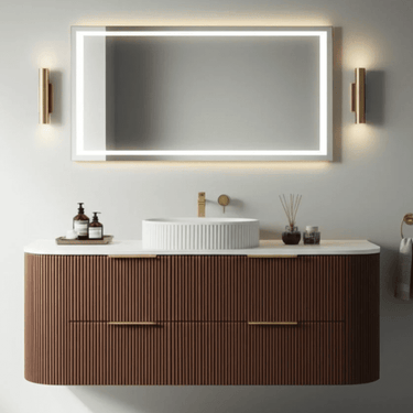 Timber Fluted Curved Walnut Artis 1200mm Single Bowl Waterproof Wall Hung Vanity Carrara Stone top - RJ Bathroom