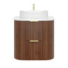 Timber Walnut Artis 600mm Fluted Curved Waterproof Wall Hung Vanity Carrara Gold Stone top - RJ Bathroom