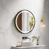 Venus 900mm round front-lit motion sensor LED mirror with matte black frame in a bathroom above a round basin